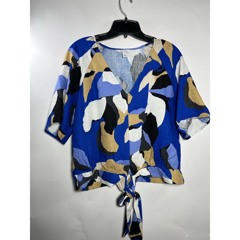 Nine West Linen Blend Blouse Size Small Blue‎ Trendy Geometric Waist Tie V Neck